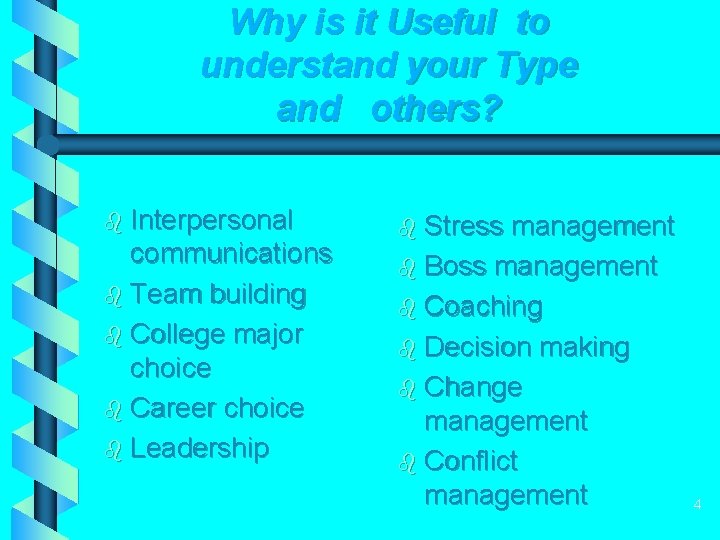 Why is it Useful to understand your Type and others? b Interpersonal communications b