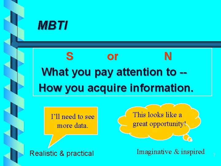 MBTI S or N What you pay attention to -How you acquire information. I’ll