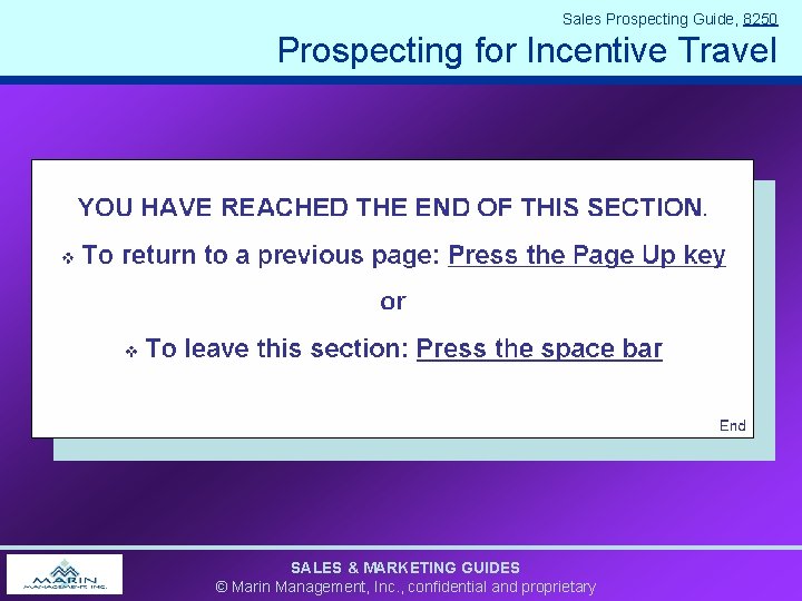 Sales Prospecting Guide, 8250 Prospecting for Incentive Travel SALES & MARKETING GUIDES © Marin