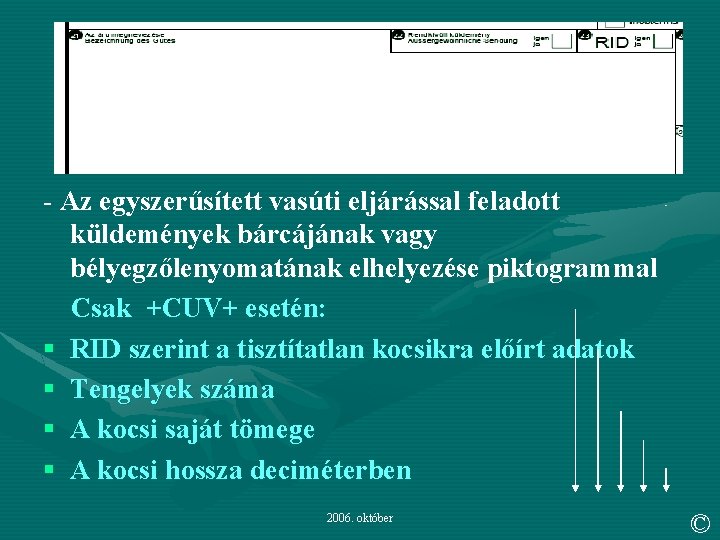 - Az egyszerűsített vasúti eljárással feladott küldemények bárcájának vagy bélyegzőlenyomatának elhelyezése piktogrammal Csak +CUV+