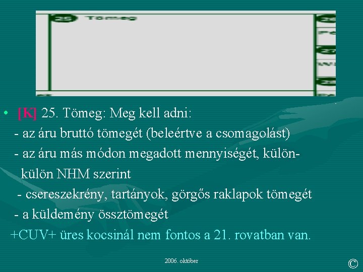  • [K] 25. Tömeg: Meg kell adni: - az áru bruttó tömegét (beleértve