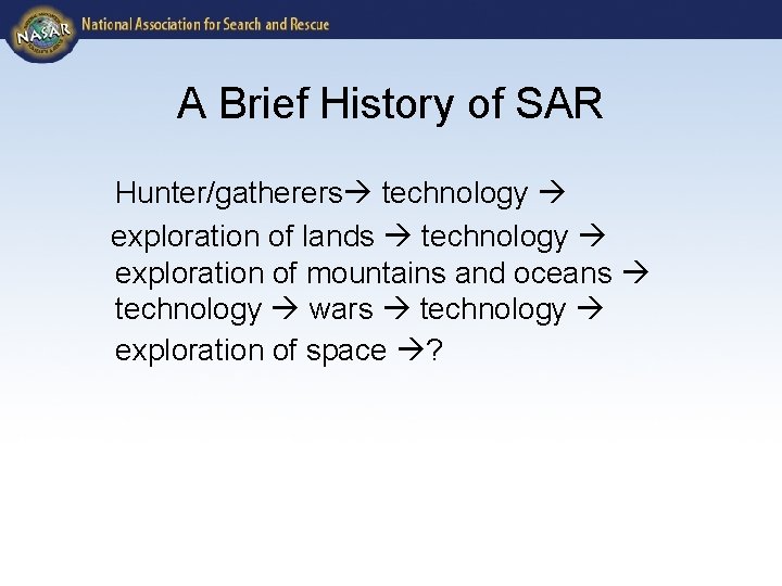 A Brief History of SAR Hunter/gatherers technology exploration of lands technology exploration of mountains