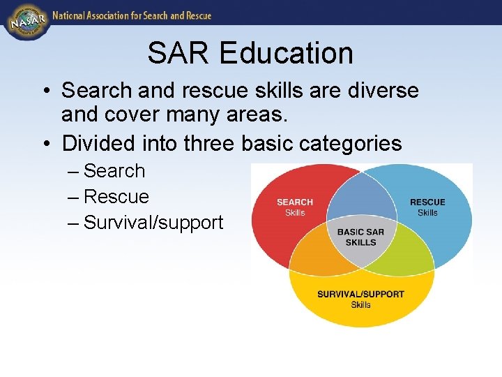 SAR Education • Search and rescue skills are diverse and cover many areas. •