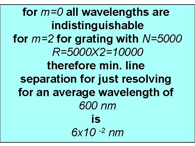 for m=0 all wavelengths are indistinguishable for m=2 for grating with N=5000 R=5000 X