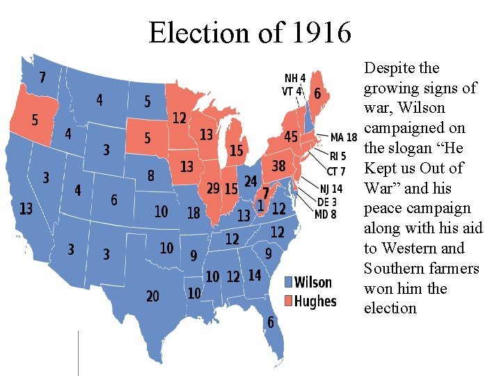 Election of 1916 Despite the growing signs of war, Wilson campaigned on the slogan