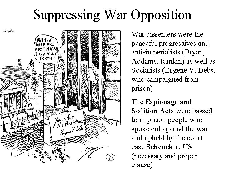 Suppressing War Opposition War dissenters were the peaceful progressives and anti-imperialists (Bryan, Addams, Rankin)