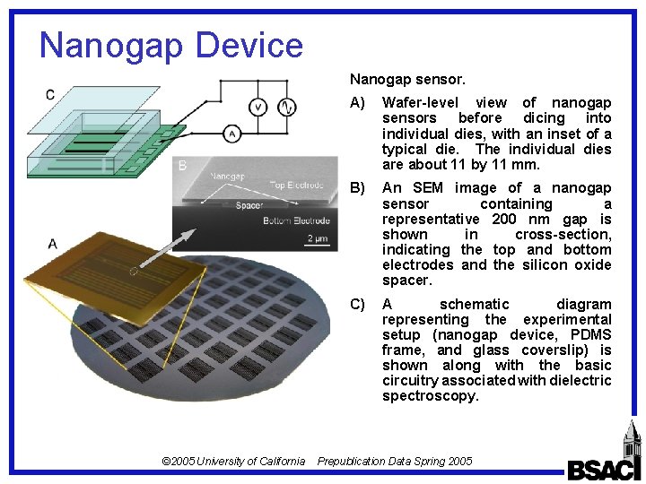 Nanogap Device Nanogap sensor. © 2005 University of California A) Wafer-level view of nanogap