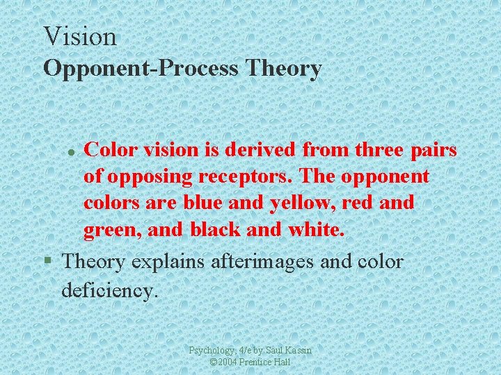 Vision Opponent-Process Theory Color vision is derived from three pairs of opposing receptors. The
