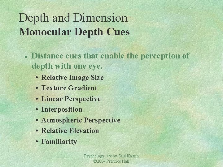 Depth and Dimension Monocular Depth Cues l Distance cues that enable the perception of