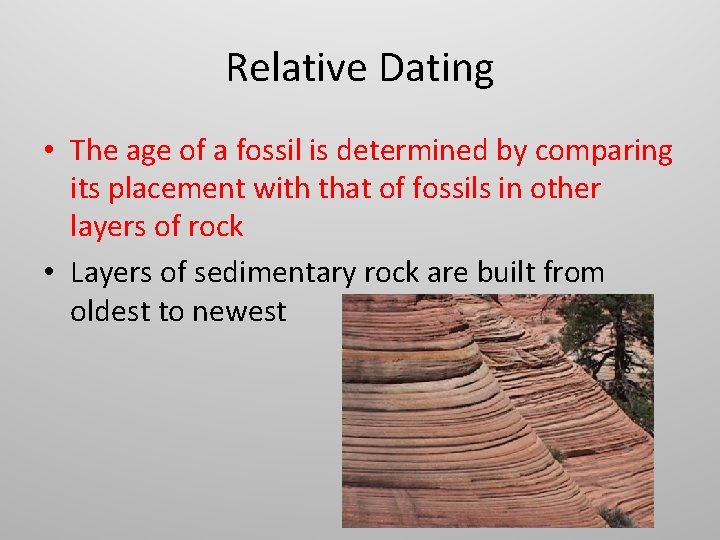 Relative Dating • The age of a fossil is determined by comparing its placement