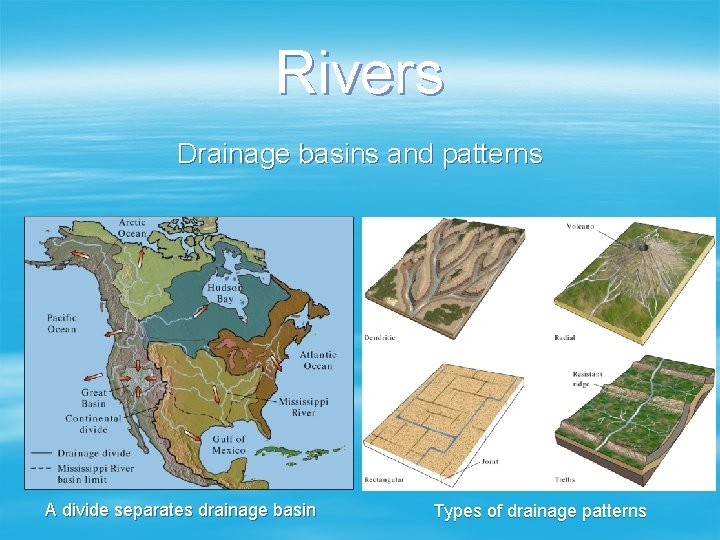 Rivers Drainage basins and patterns A divide separates drainage basin Types of drainage patterns