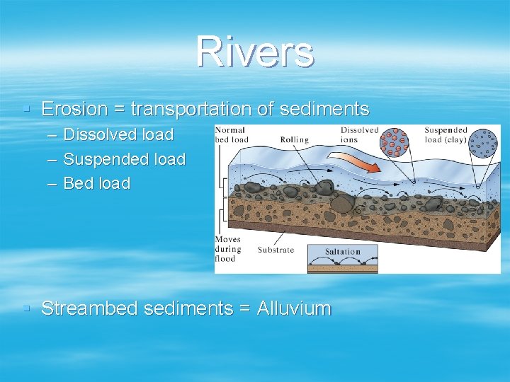 Rivers § Erosion = transportation of sediments – – – Dissolved load Suspended load