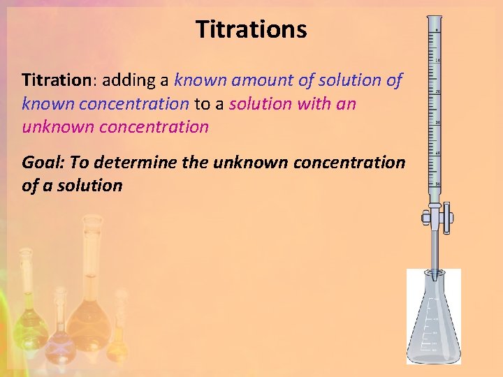 Titrations Titration: adding a known amount of solution of known concentration to a solution