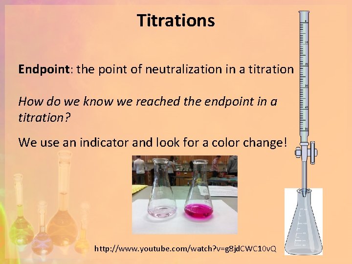 Titrations Endpoint: the point of neutralization in a titration How do we know we