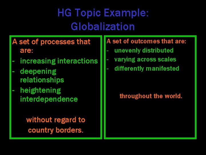 HG Topic Example: Globalization A set of processes that are: - increasing interactions -