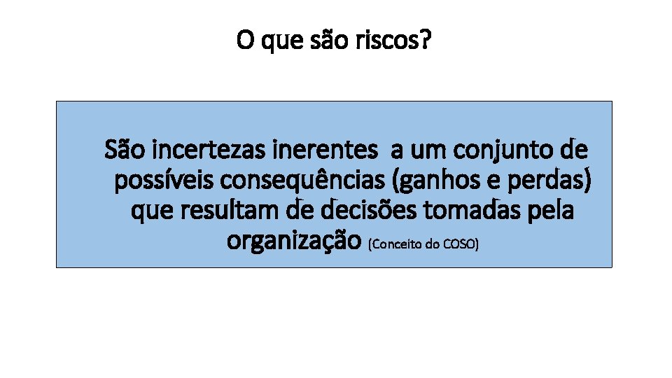 O que são riscos? São incertezas inerentes a um conjunto de possíveis consequências (ganhos