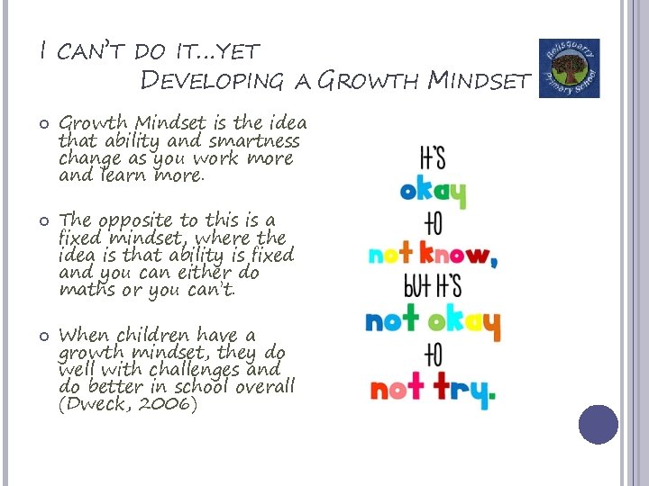 I CAN’T DO IT…YET DEVELOPING A GROWTH MINDSET Growth Mindset is the idea that