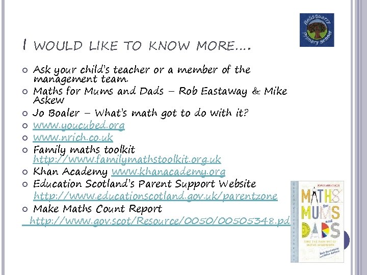 I WOULD LIKE TO KNOW MORE…. Ask your child’s teacher or a member of