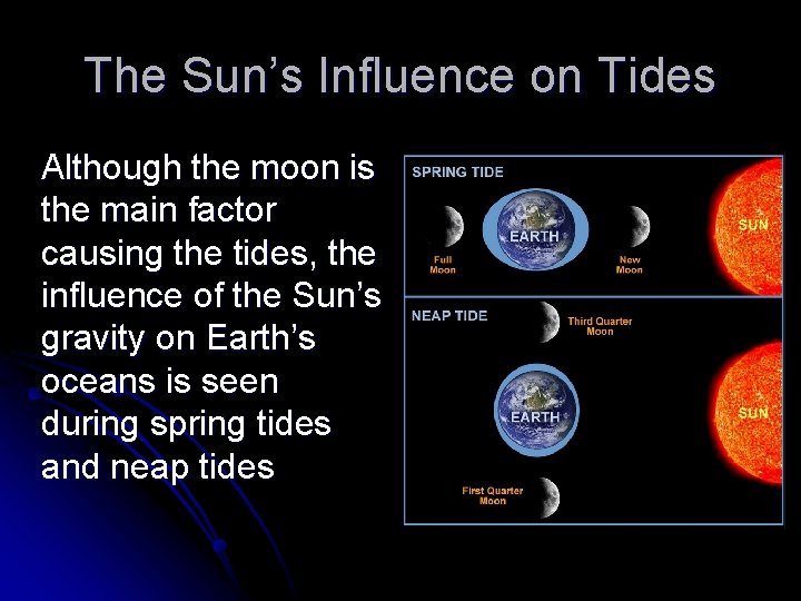 The Sun’s Influence on Tides Although the moon is the main factor causing the