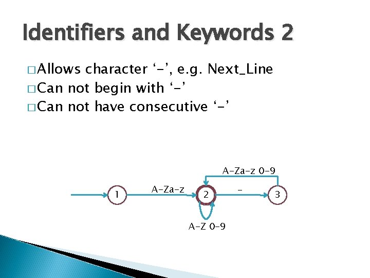 Identifiers and Keywords 2 � Allows character ‘-’, e. g. Next_Line � Can not