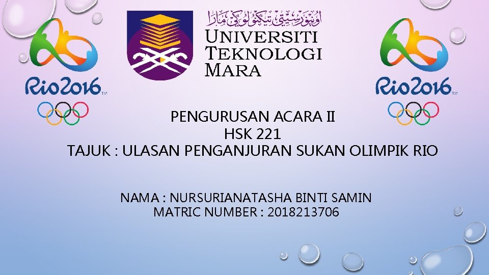 PENGURUSAN ACARA II HSK 221 TAJUK : ULASAN PENGANJURAN SUKAN OLIMPIK RIO NAMA :