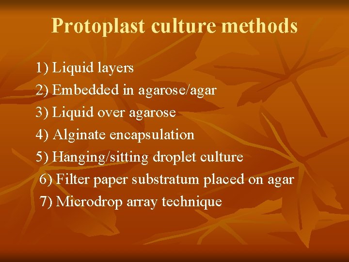 Protoplast culture methods 1) Liquid layers 2) Embedded in agarose/agar 3) Liquid over agarose