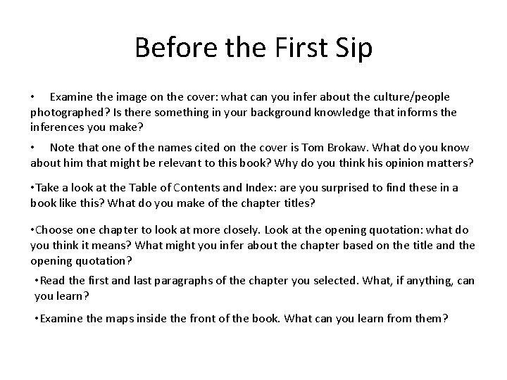 Before the First Sip • Examine the image on the cover: what can you