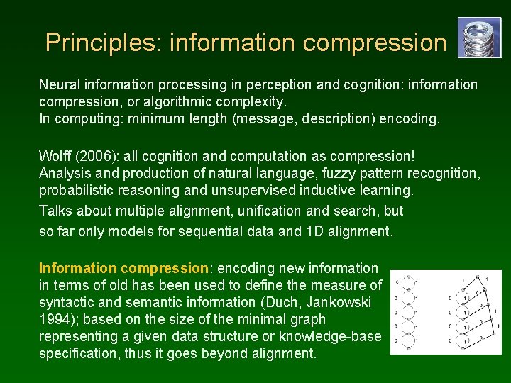Principles: information compression Neural information processing in perception and cognition: information compression, or algorithmic