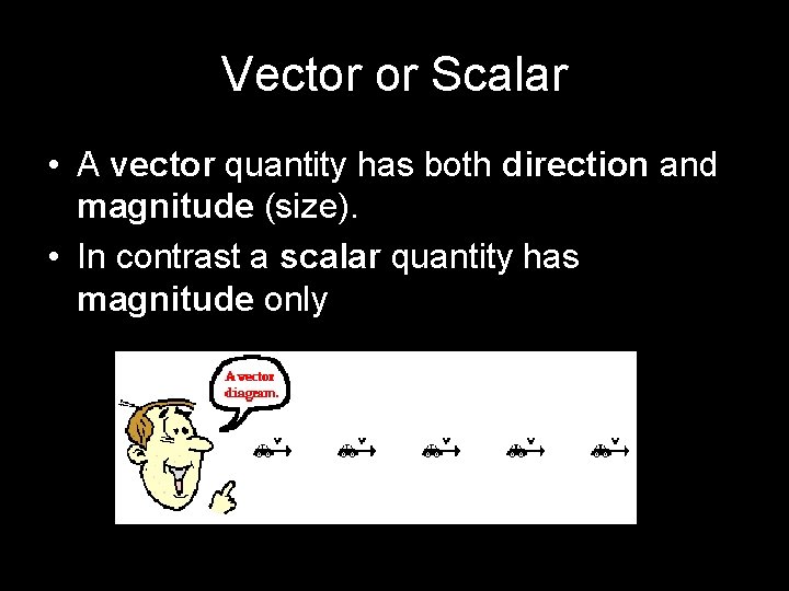 Vector or Scalar • A vector quantity has both direction and magnitude (size). •