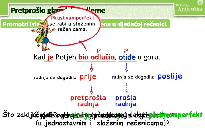 Pretprošlo glagolsko vrijeme Promotri istaknuta glagolska vremena u sljedećoj rečenici. P P Kad je