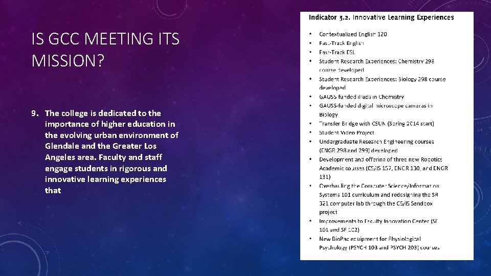 IS GCC MEETING ITS MISSION? 9. The college is dedicated to the importance of