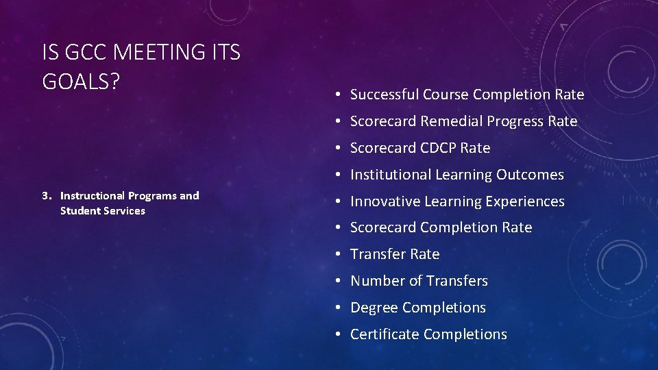 IS GCC MEETING ITS GOALS? • Successful Course Completion Rate • Scorecard Remedial Progress
