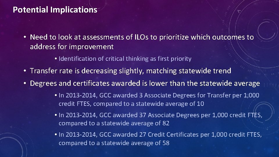 Potential Implications • Need to look at assessments of ILOs to prioritize which outcomes