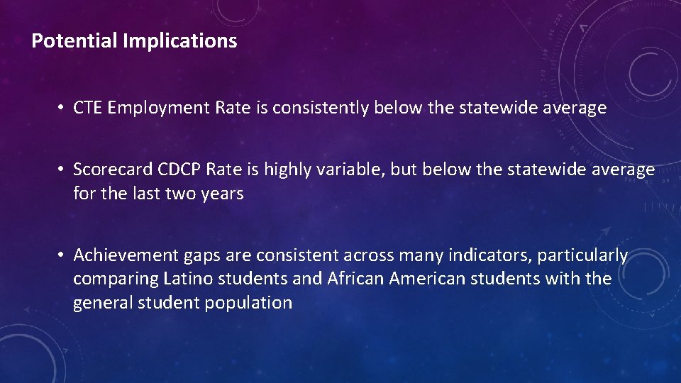 Potential Implications • CTE Employment Rate is consistently below the statewide average • Scorecard
