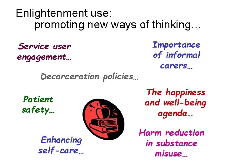 Enlightenment use: promoting new ways of thinking… Service user engagement… Decarceration policies… Patient safety…