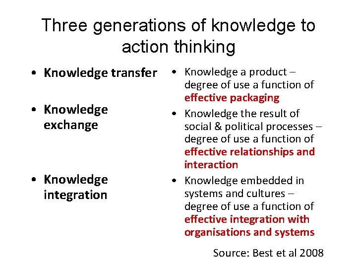 Three generations of knowledge to action thinking • Knowledge transfer • Knowledge a product
