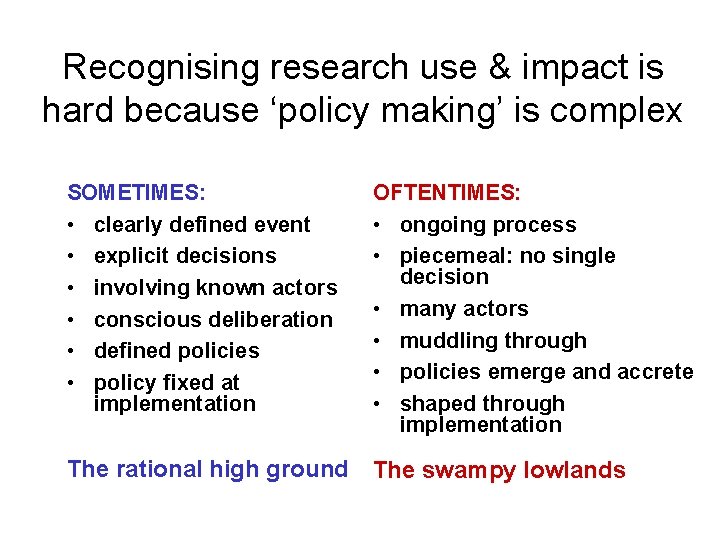 Recognising research use & impact is hard because ‘policy making’ is complex SOMETIMES: •