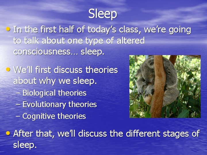 Sleep • In the first half of today’s class, we’re going to talk about