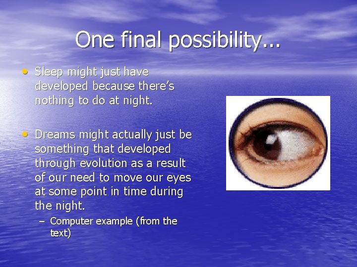 One final possibility. . . • Sleep might just have developed because there’s nothing