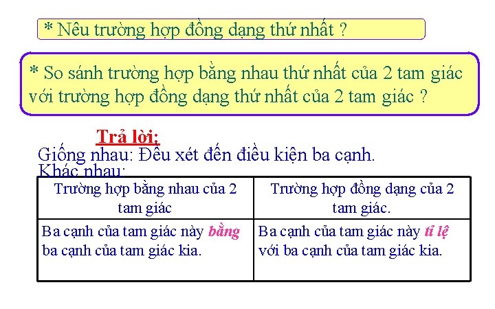 * Nêu trường hợp đồng dạng thứ nhất ? * So sánh trường hợp