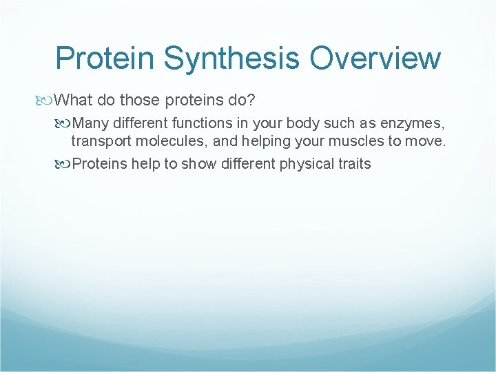 Protein Synthesis Overview What do those proteins do? Many different functions in your body