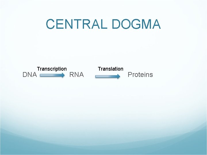 CENTRAL DOGMA Transcription DNA RNA Translation Proteins 