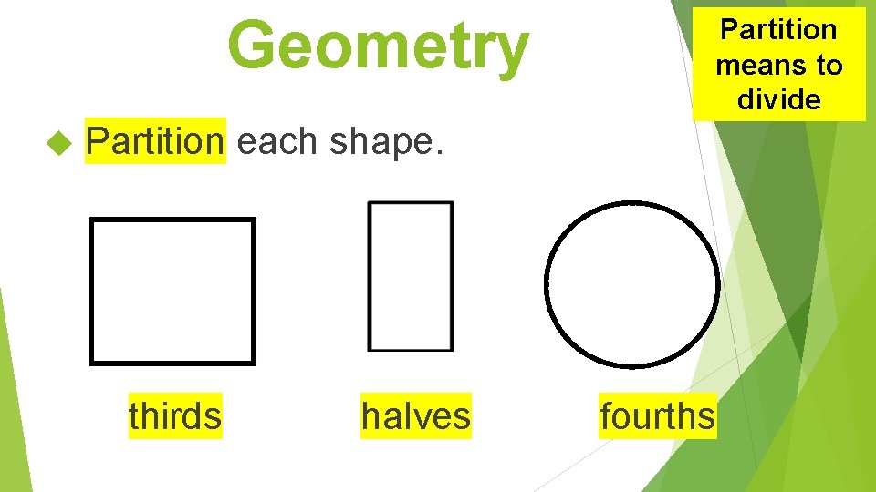 Geometry Partition means to divide Partition each shape. thirds halves fourths 