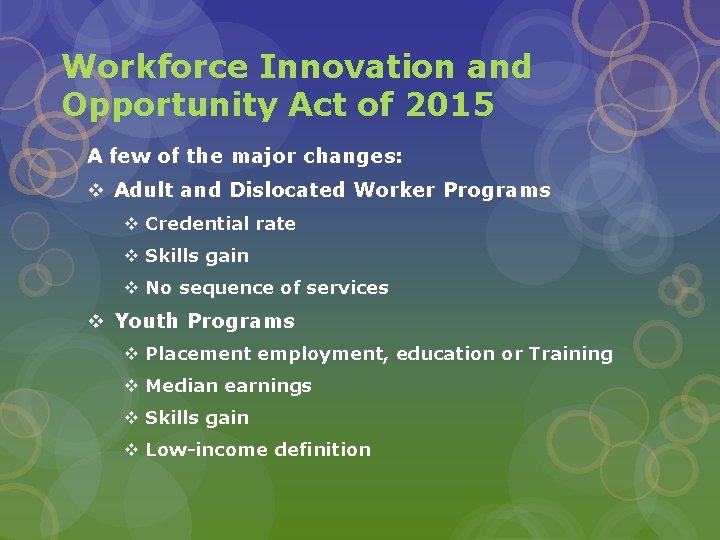 Workforce Innovation and Opportunity Act of 2015 A few of the major changes: v Workforce Innovation and Opportunity Act of 2015 A few of the major changes: v