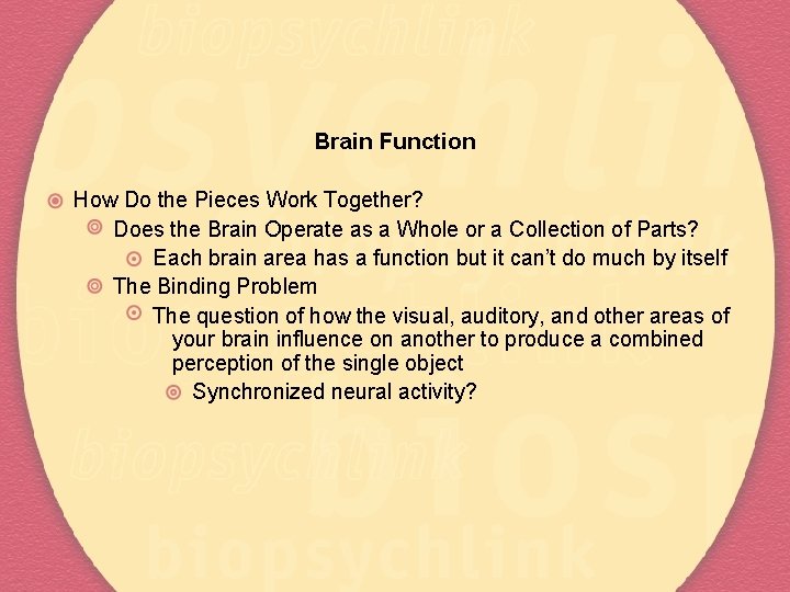 Brain Function How Do the Pieces Work Together? Does the Brain Operate as a
