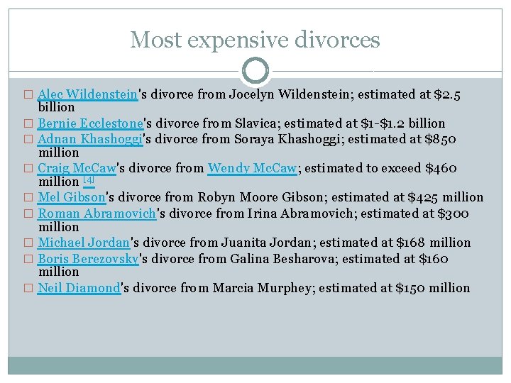 Most expensive divorces � Alec Wildenstein's divorce from Jocelyn Wildenstein; estimated at $2. 5
