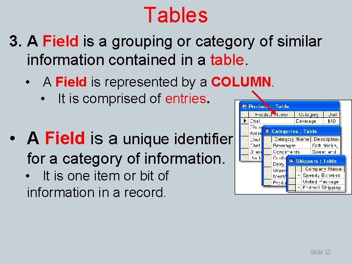 Tables 3. A Field is a grouping or category of similar information contained in