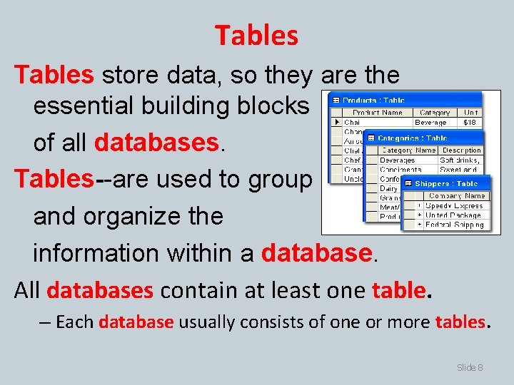 Tables store data, so they are the essential building blocks of all databases. Tables--are