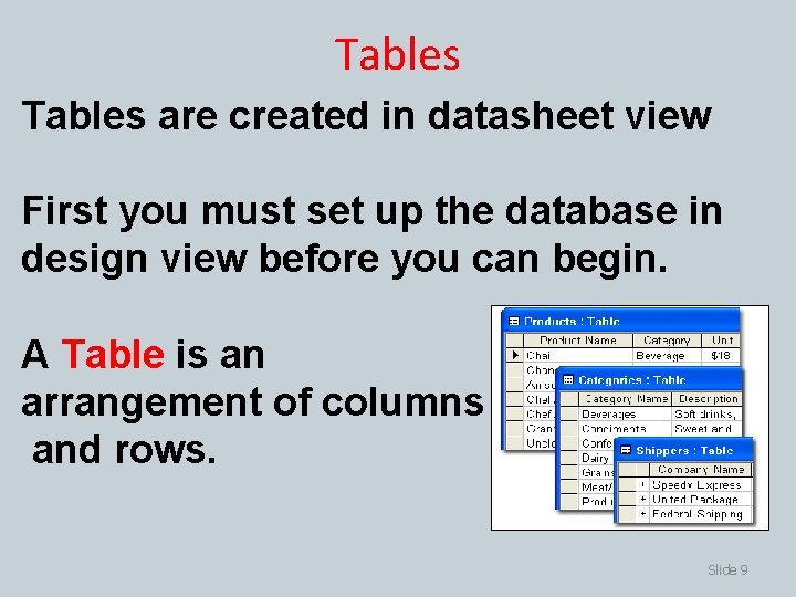 Tables are created in datasheet view First you must set up the database in