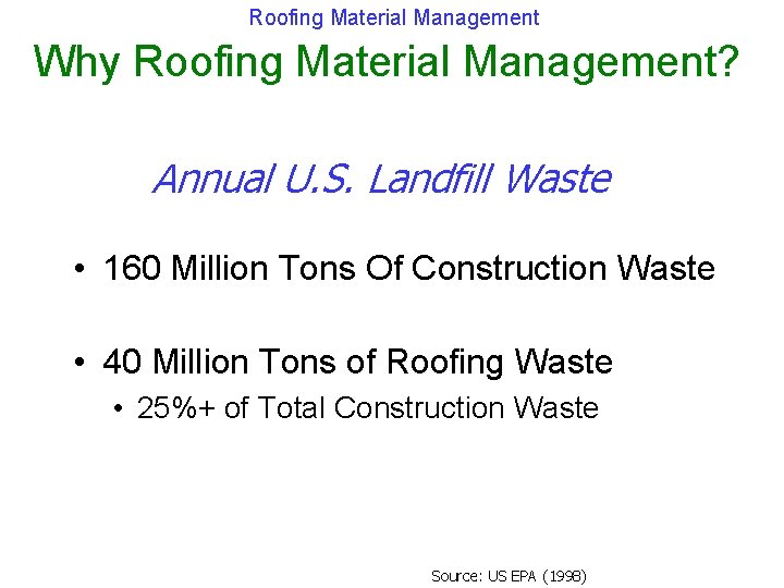 Roofing Material Management Why Roofing Material Management? Annual U. S. Landfill Waste • 160